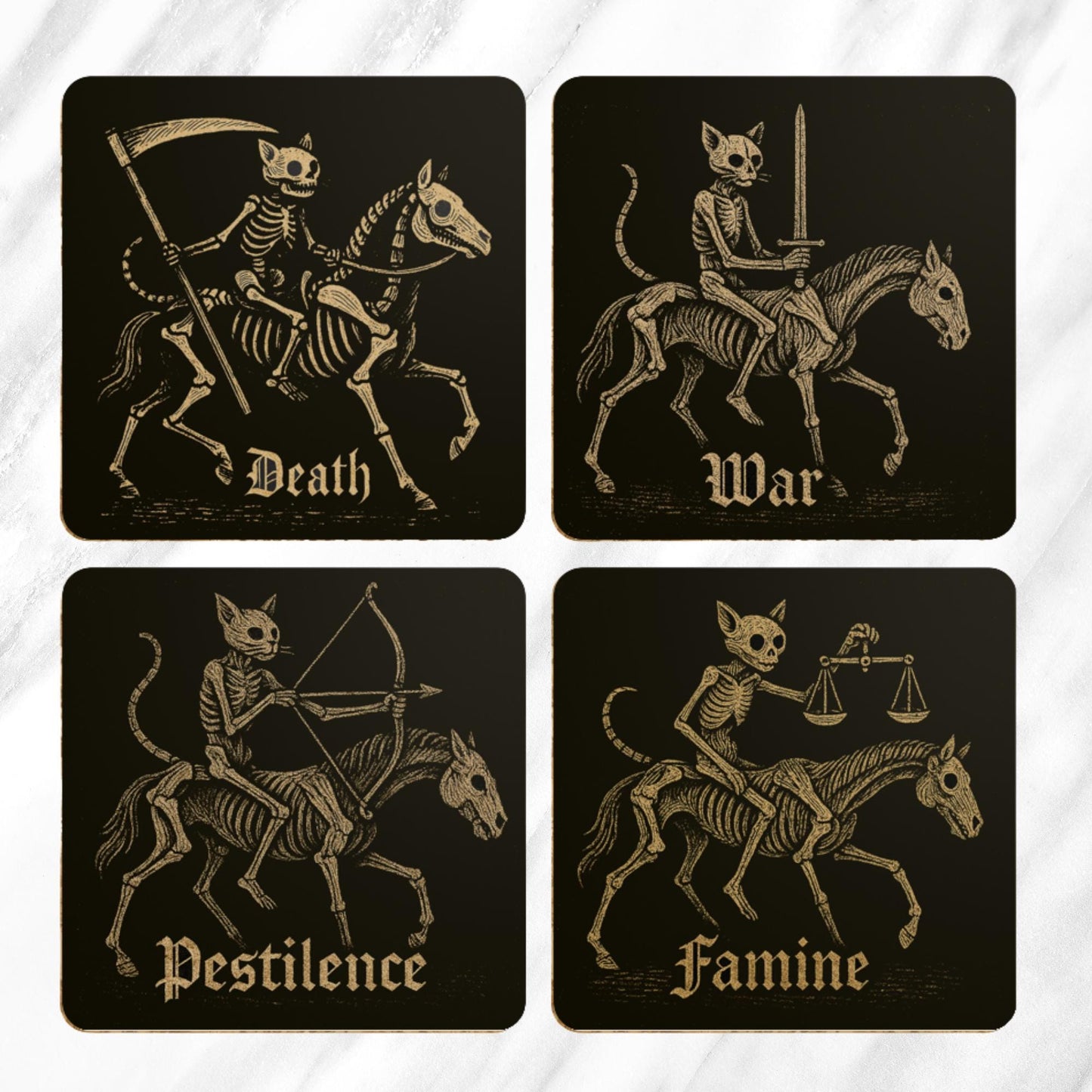 Medieval Cat Coasters Set – Four Horsemen of the Apocalypse, Dark Academia Gothic Drinks Gift