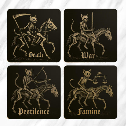 Medieval Cat Coasters Set – Four Horsemen of the Apocalypse, Dark Academia Gothic Drinks Gift