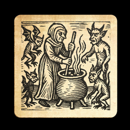 Dark academia drinks mats with cauldron and imps