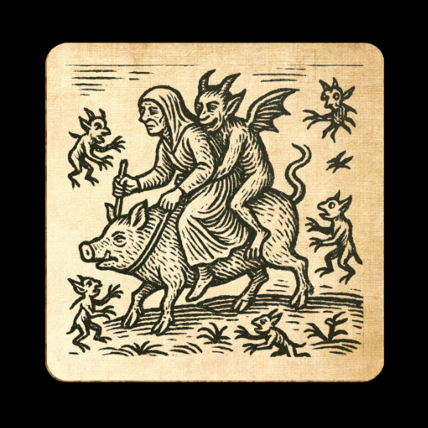 Vintage woodcut witches and familiars table coasters