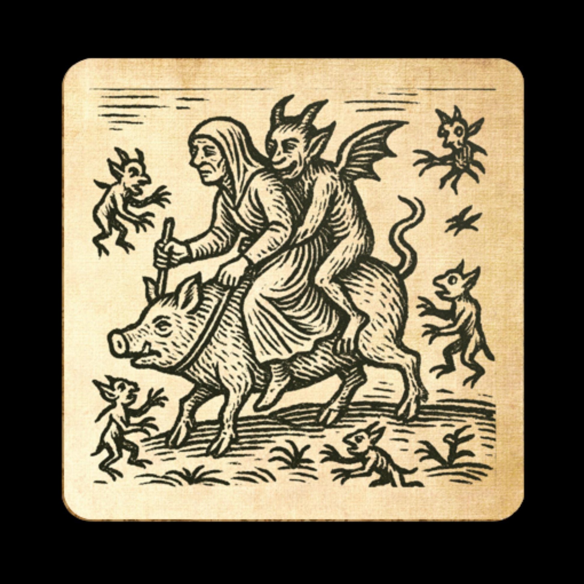 Vintage woodcut witches and familiars table coasters