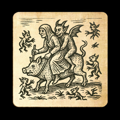 Vintage woodcut witches and familiars table coasters