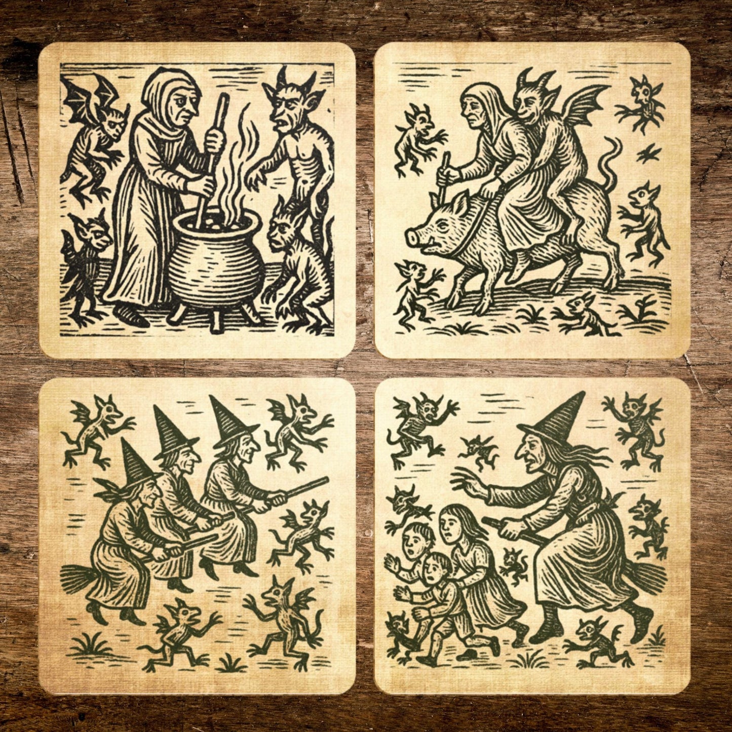 Medieval witch woodcut coasters set for gothic décor