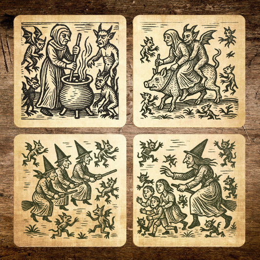 Medieval witch woodcut coasters set for gothic décor