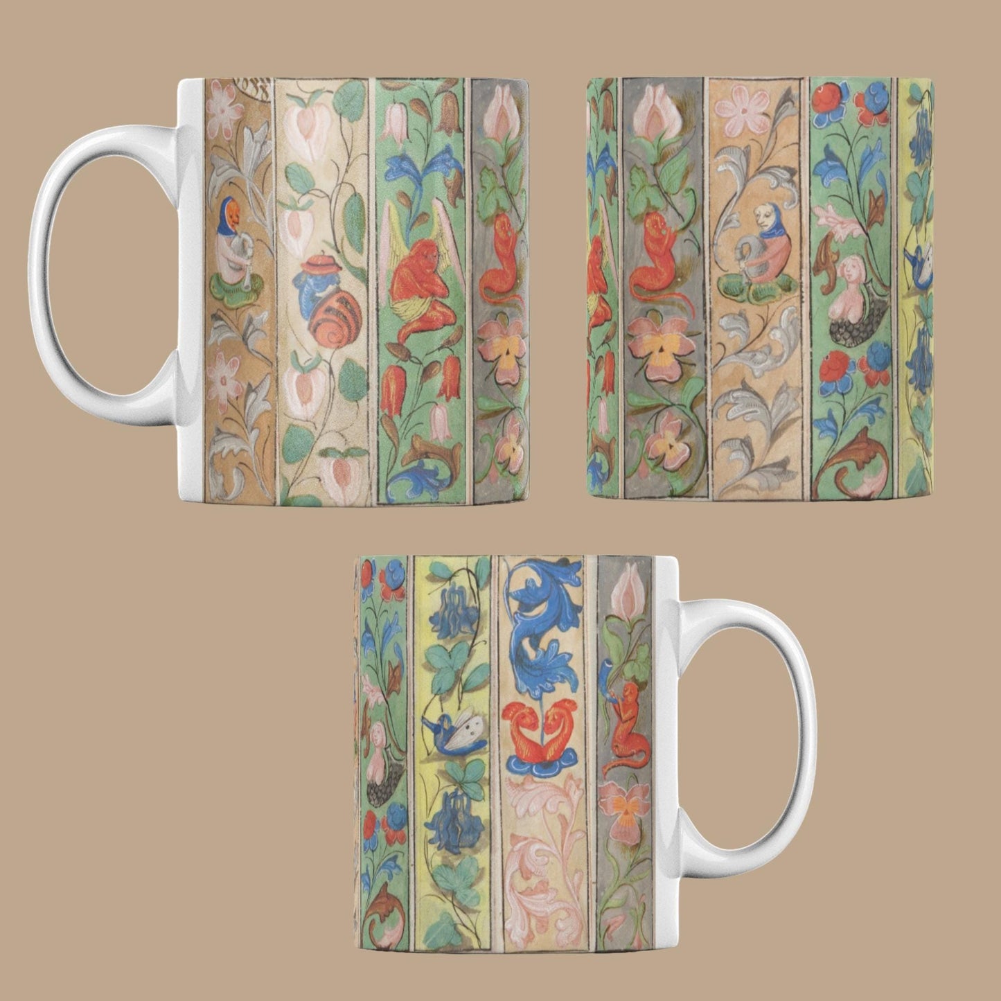 Ceramic coffee cup featuring quirky medieval art and manuscript borders.