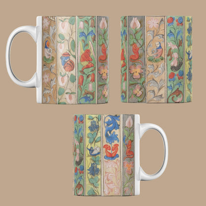 Ceramic coffee cup featuring quirky medieval art and manuscript borders.