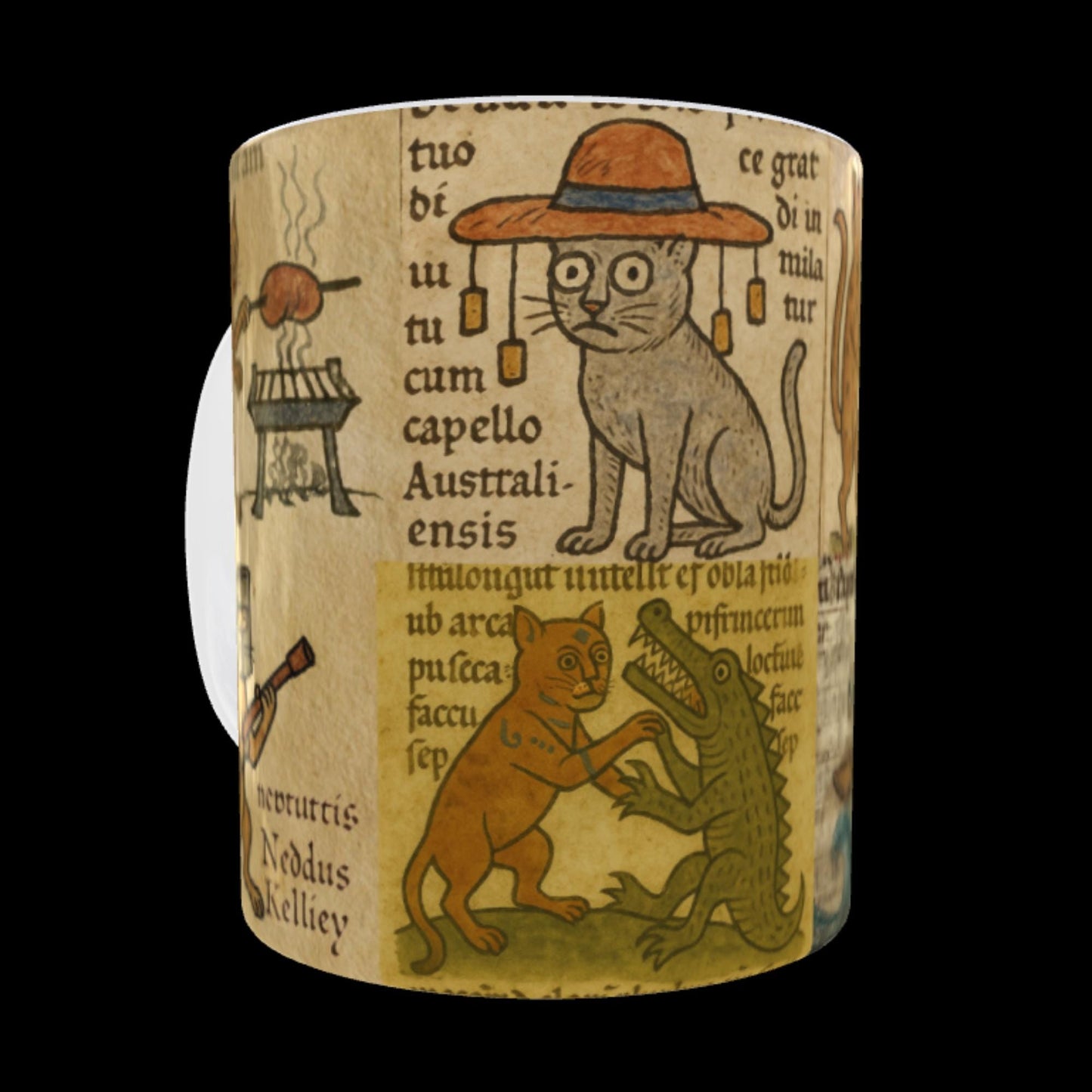 Cat mug with parchment look and playful scenes, dishwasher safe.
