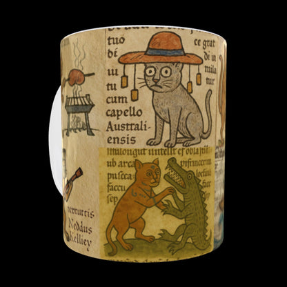 Cat mug with parchment look and playful scenes, dishwasher safe.