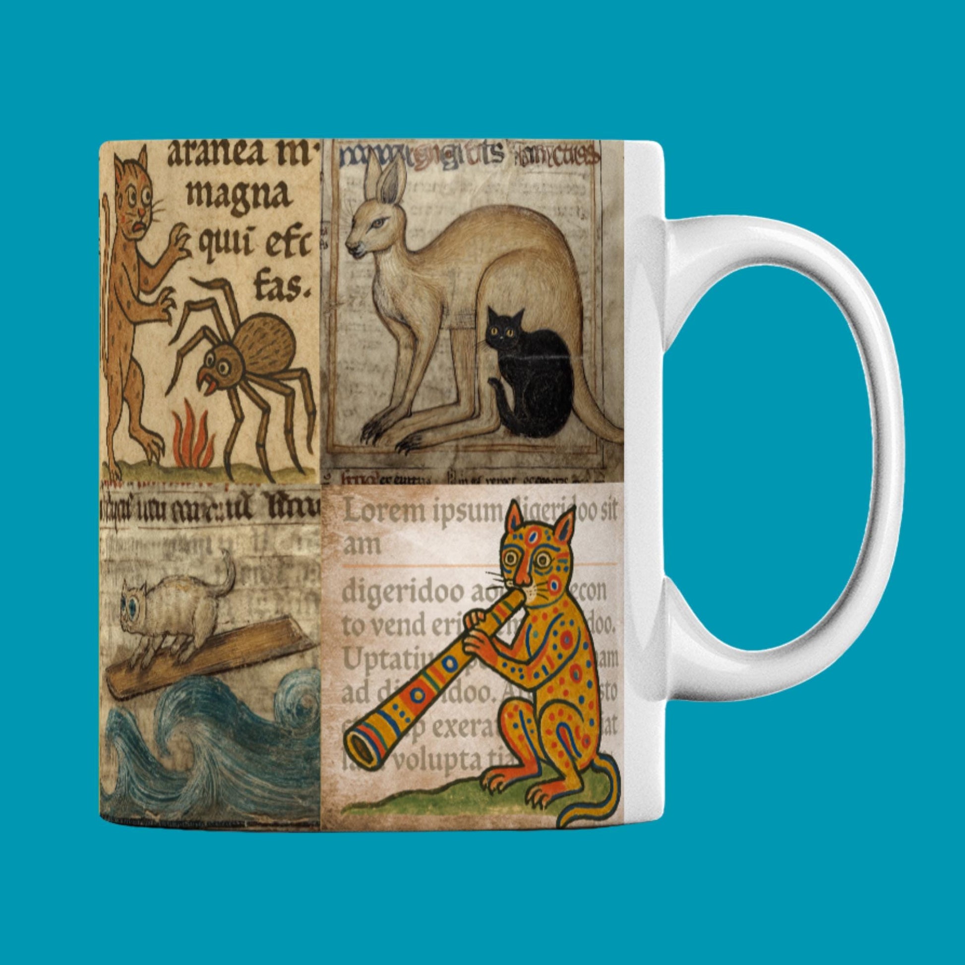 Conversation-starting cat lover mug with marginalia artwork, 11oz size.