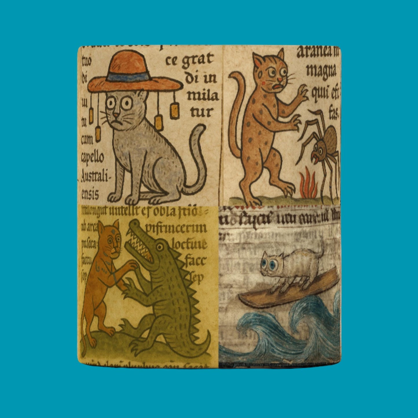 Medieval manuscript cat mug with Aussie-themed characters and details.