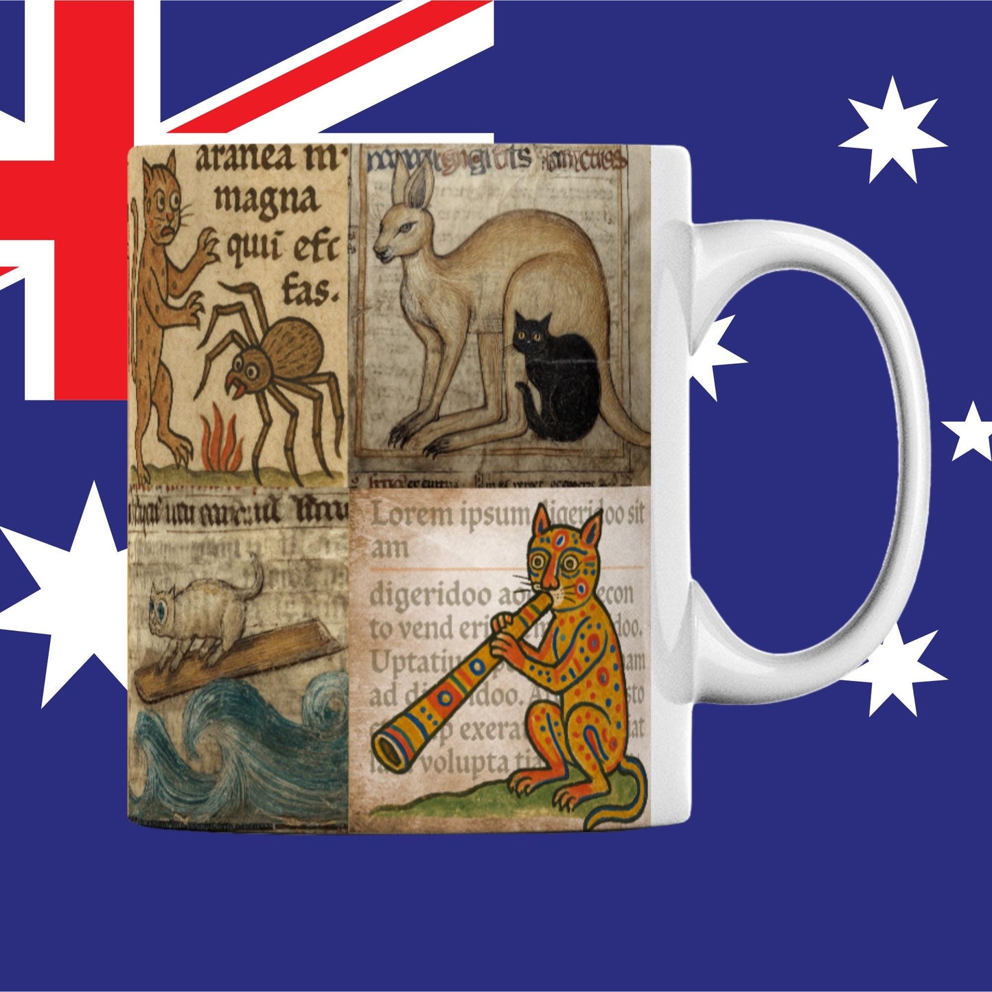 Novelty medieval cat coffee cup for history and library fans. Librarian gift.