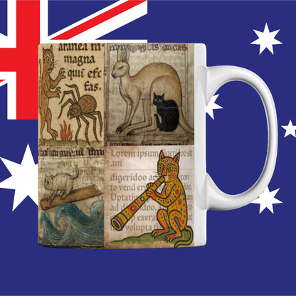 Novelty medieval cat coffee cup for history and library fans. Librarian gift.