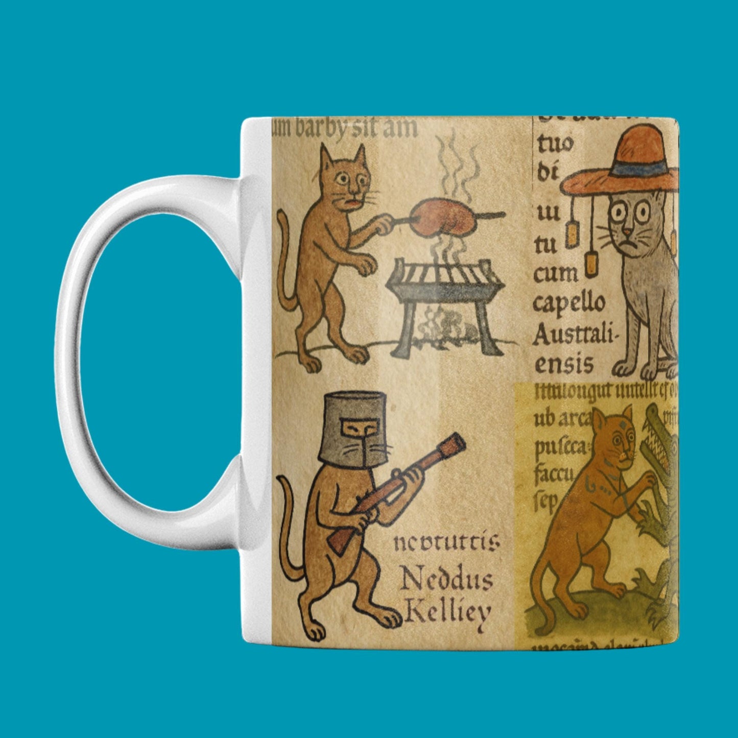 Medieval marginalia Australian cats on 11oz ceramic mug, borderless wrap for cat lovers.