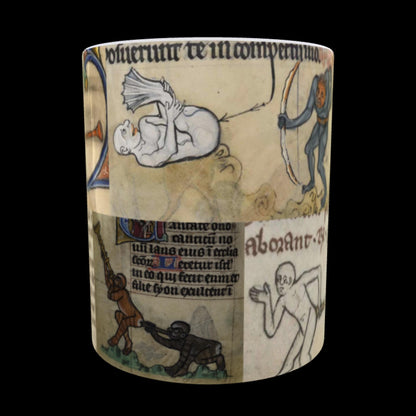 Wraparound medieval marginalia mug with parchment background and comic characters.