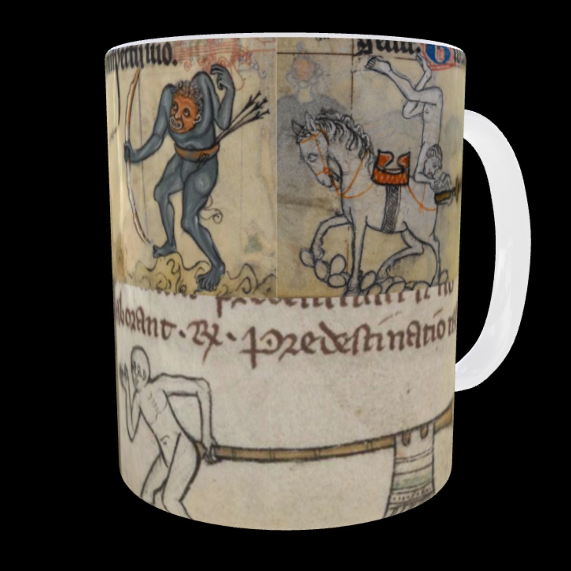 Ceramic coffee cup featuring butt trumpet medieval scenes; vintage manuscript look.
