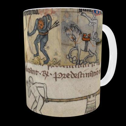 Ceramic coffee cup featuring butt trumpet medieval scenes; vintage manuscript look.