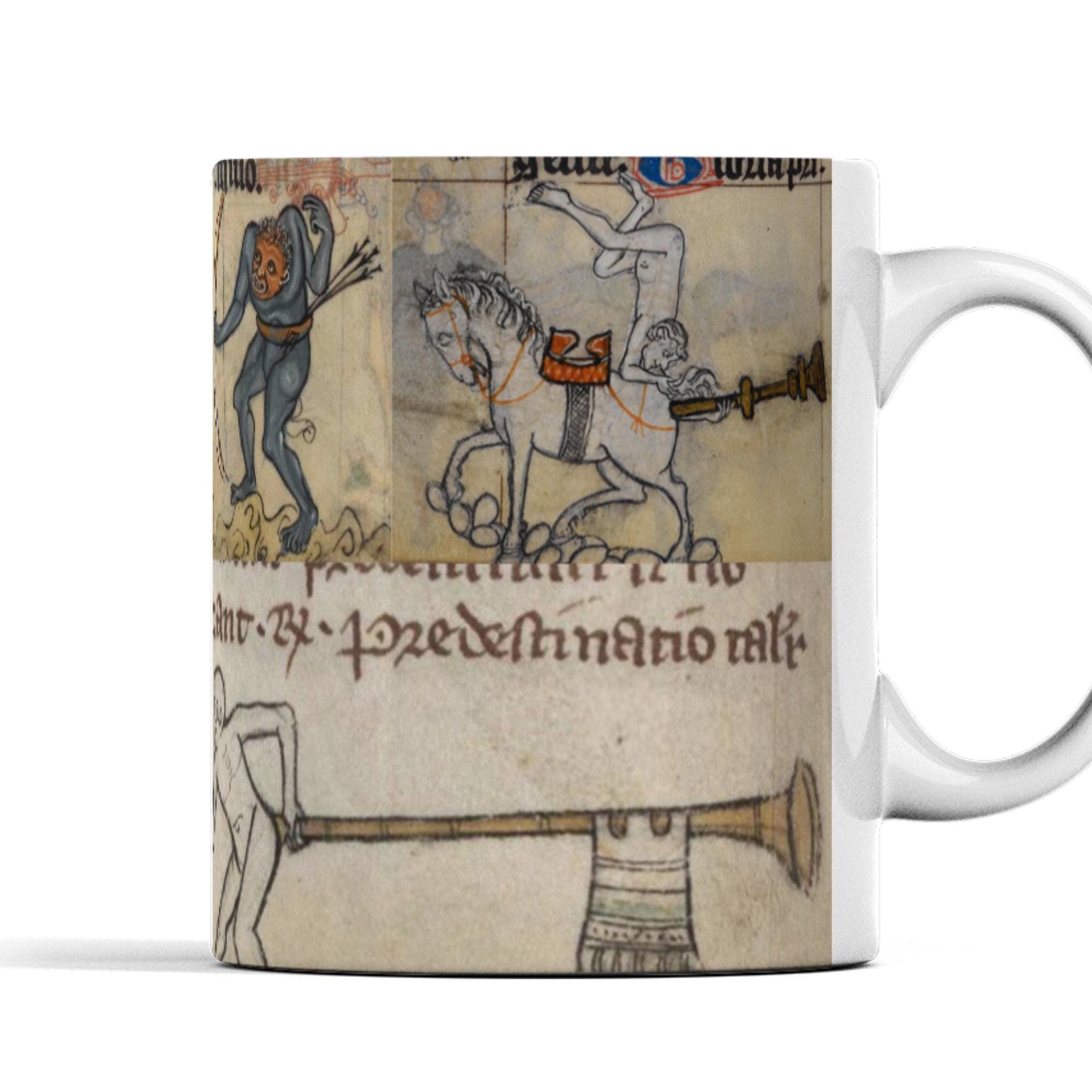 Quirky historical art mug; collage of marginalia creatures and musicians.