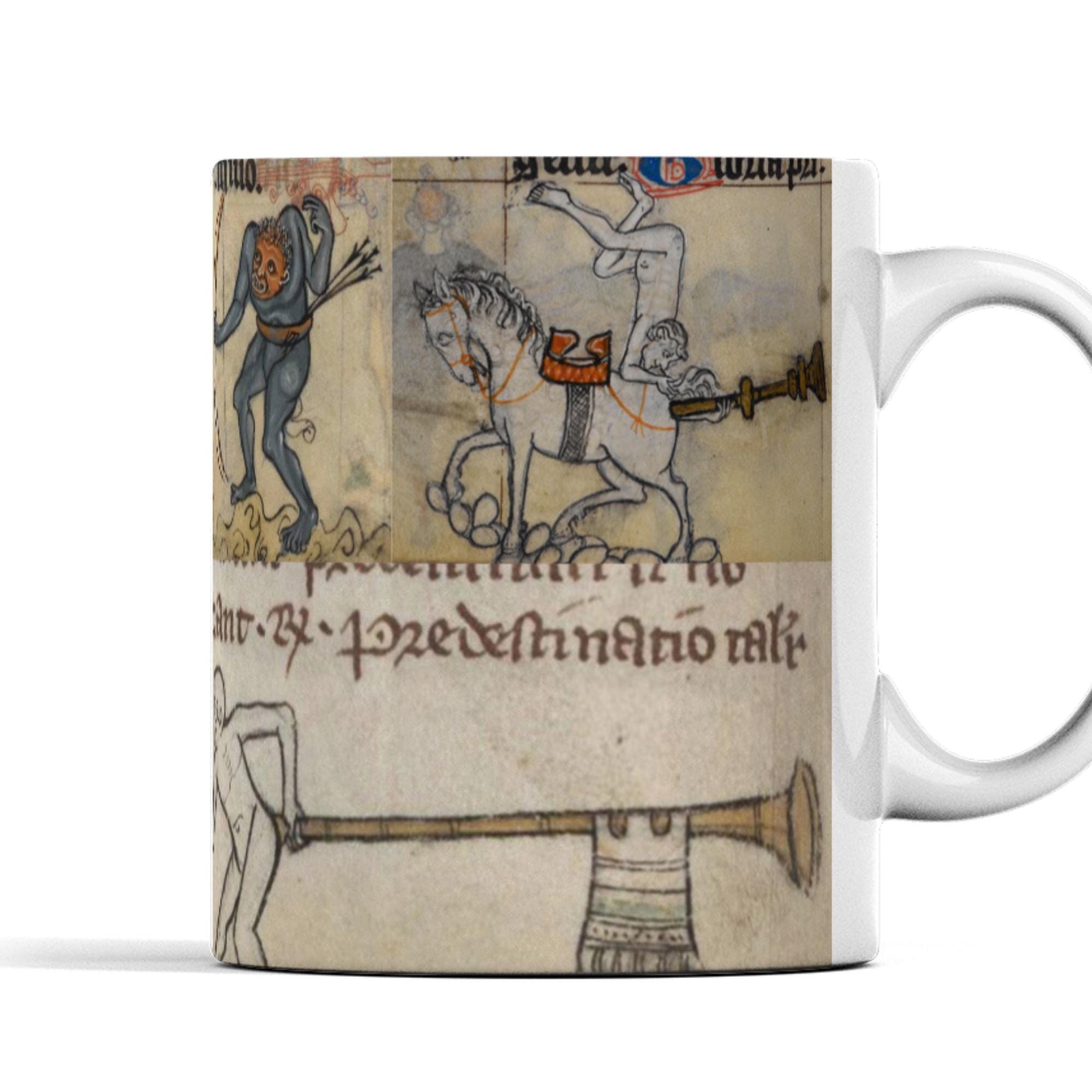 Quirky historical art mug; collage of marginalia creatures and musicians.