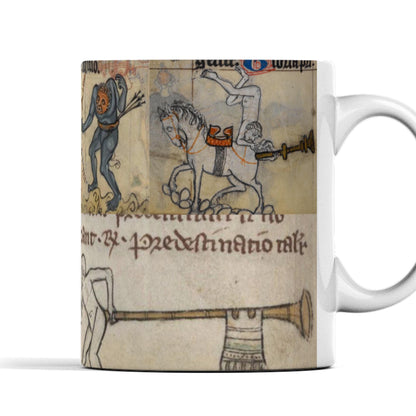Quirky historical art mug; collage of marginalia creatures and musicians.