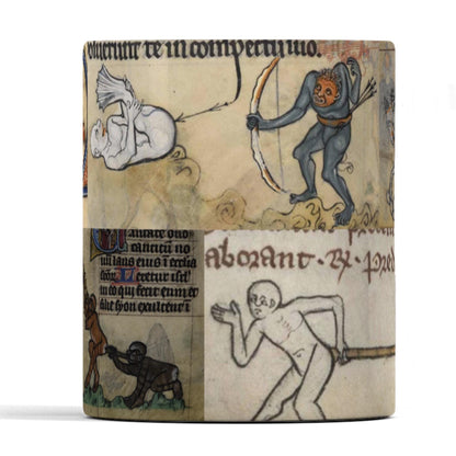 Gift mug for history buffs; medieval marginalia butt trumpet wrap design.