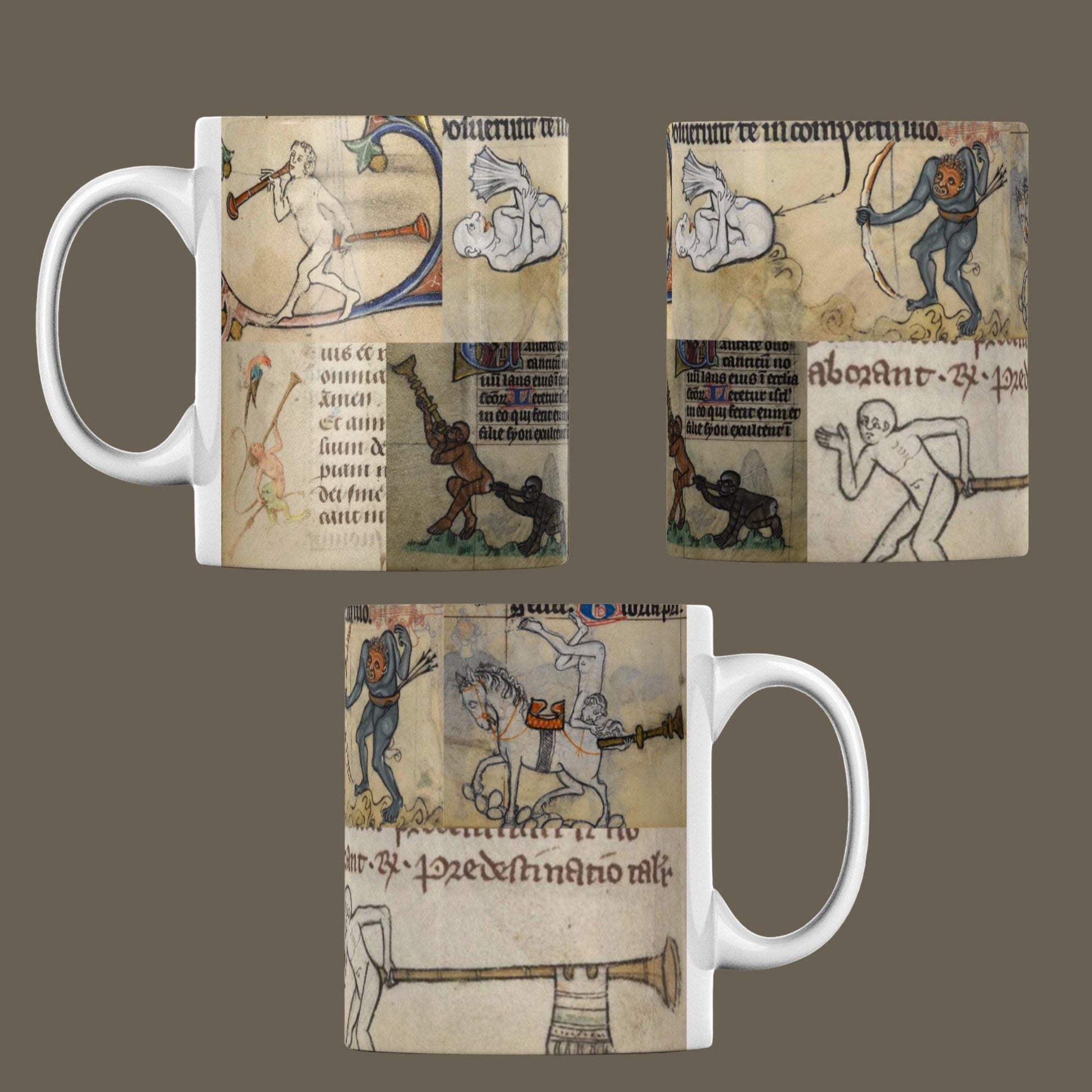 Humorous butt trumpet design on a medieval manuscript collage coffee cup.
