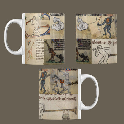 Humorous butt trumpet design on a medieval manuscript collage coffee cup.