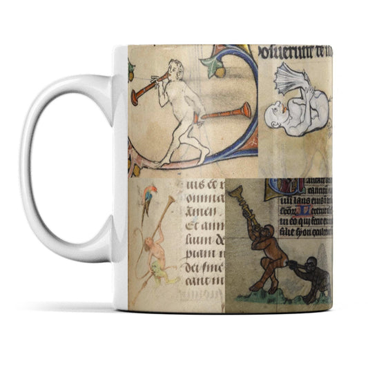 11oz ceramic mug with medieval marginalia butt trumpet collage, wraparound borderless print.