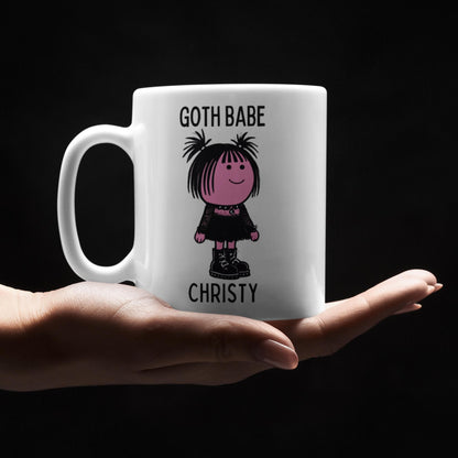 Secret Santa goth mug, black and pink cartoon style.