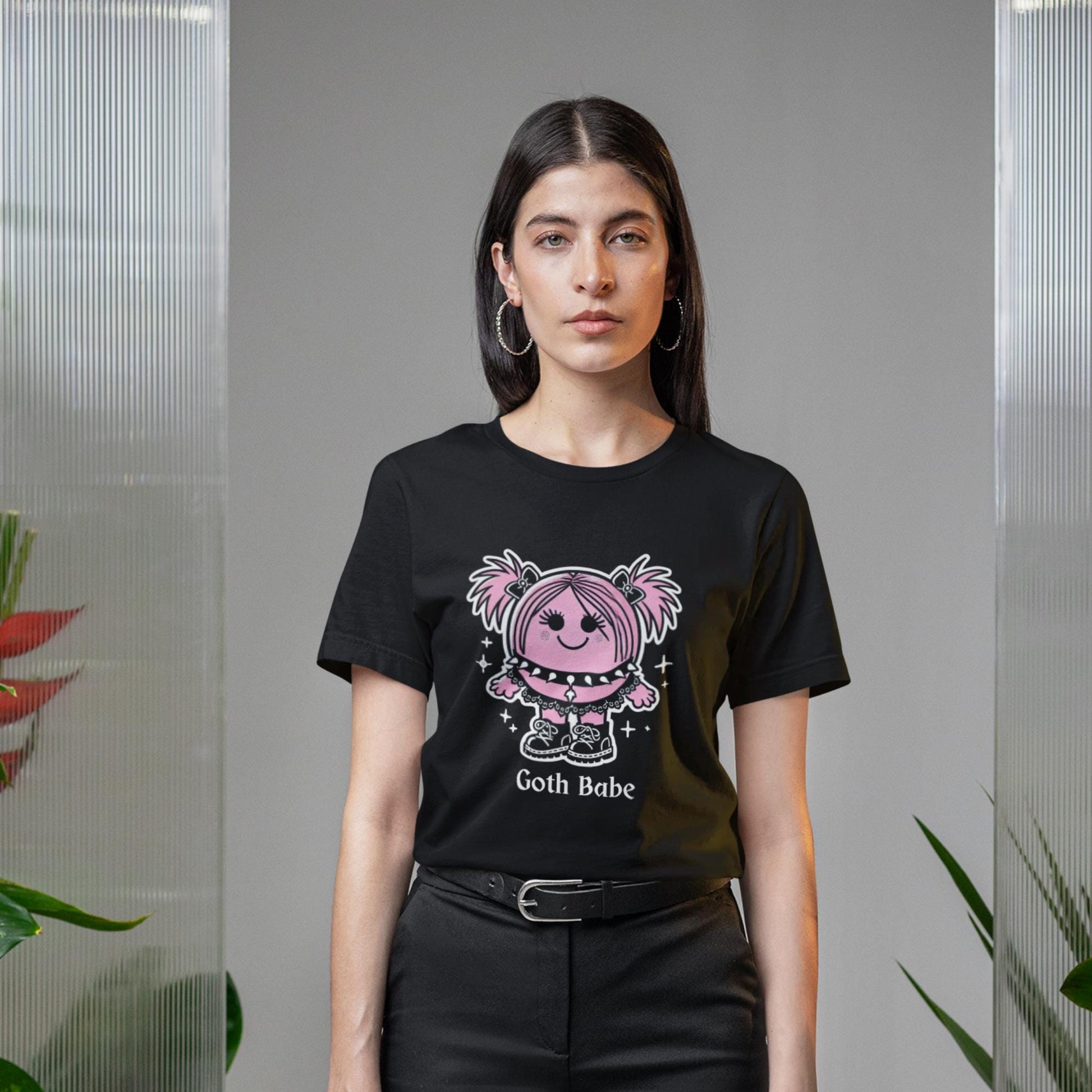 Cute goth girl print on black tee, gift for her.