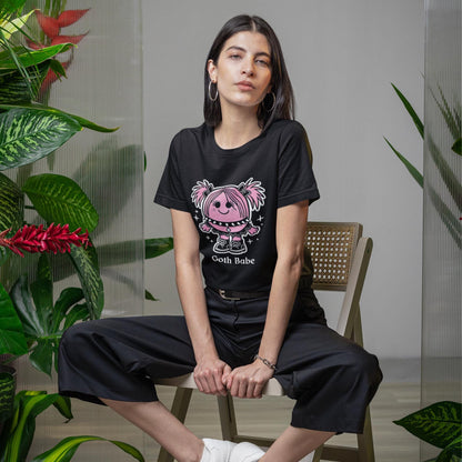 Unisex goth t-shirt with pink character and sparkles.