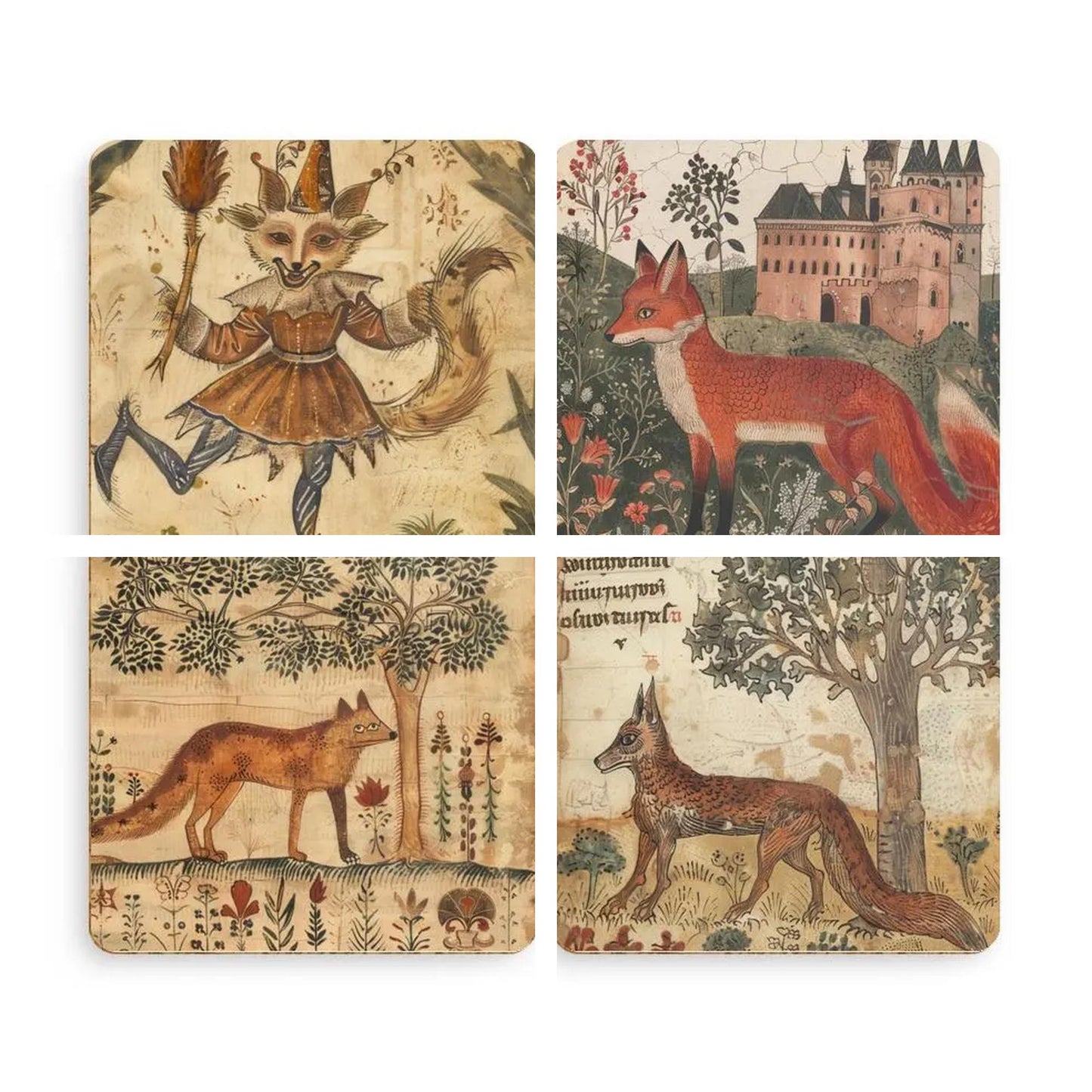 Four medieval fox coasters arranged tightly together as a single scene on a light surface.