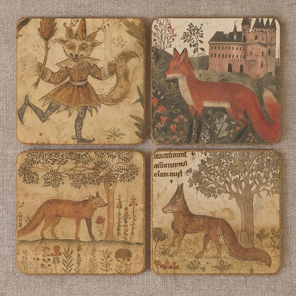 Set of Four medieval fox coasters ,Each an individual print, full-bleed prints with rounded corners