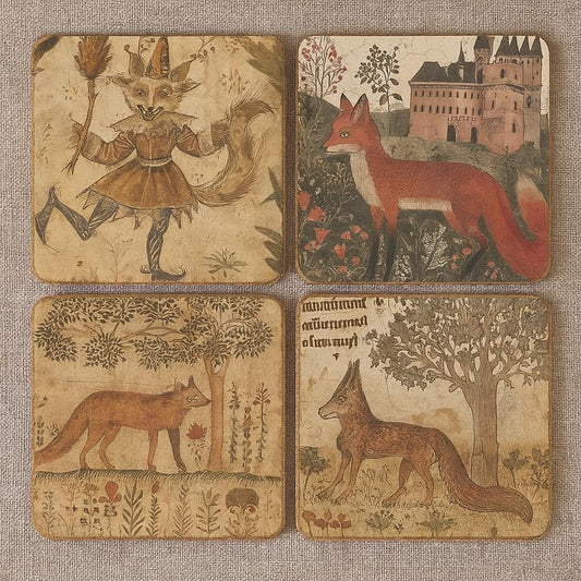 Set of Four medieval fox coasters ,Each an individual print, full-bleed prints with rounded corners