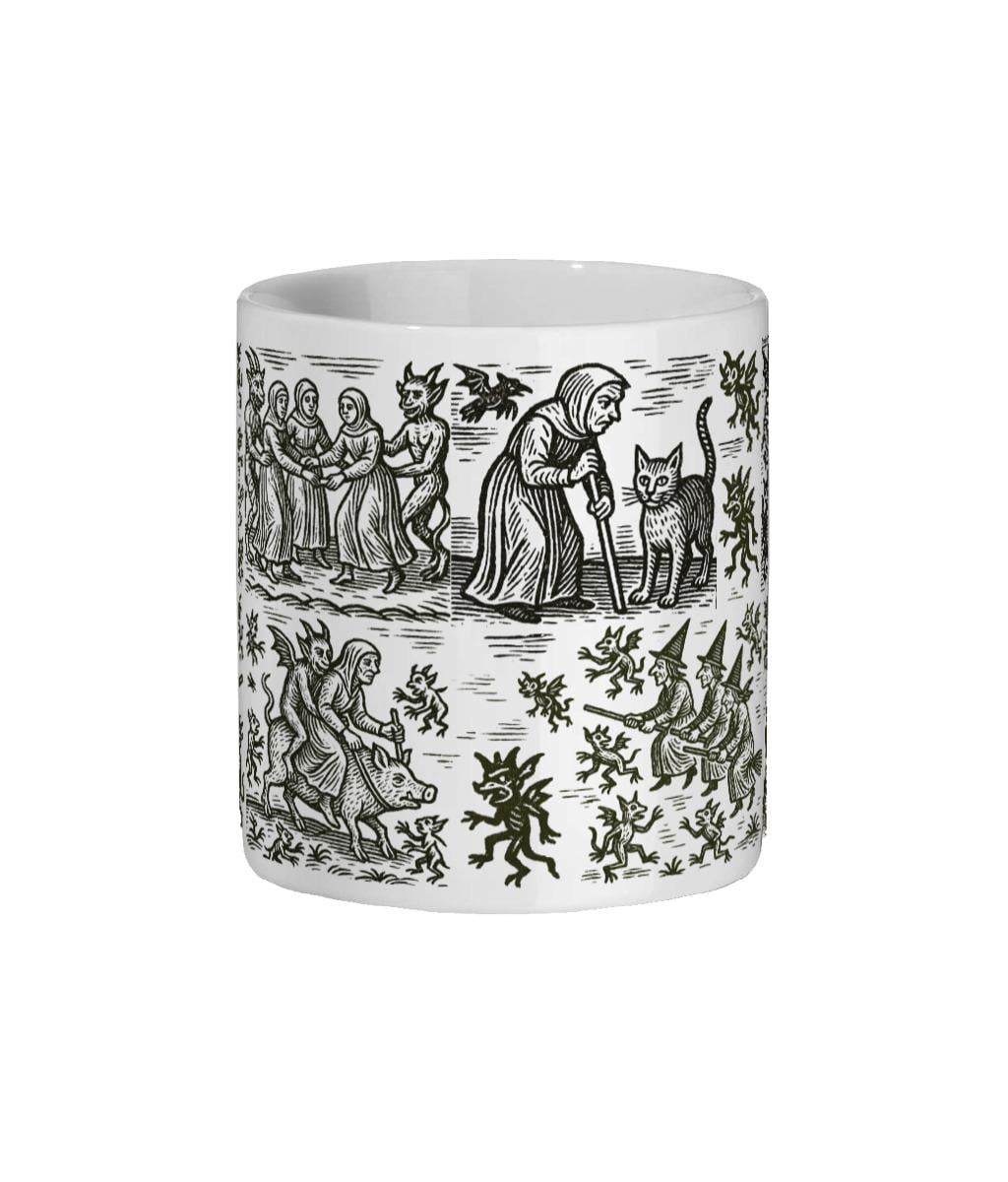 Witchcraft Woodcut Ceramic Mug – 11oz Witchy Coffee Cup, Pagan Gift With Historical Demon Artwork