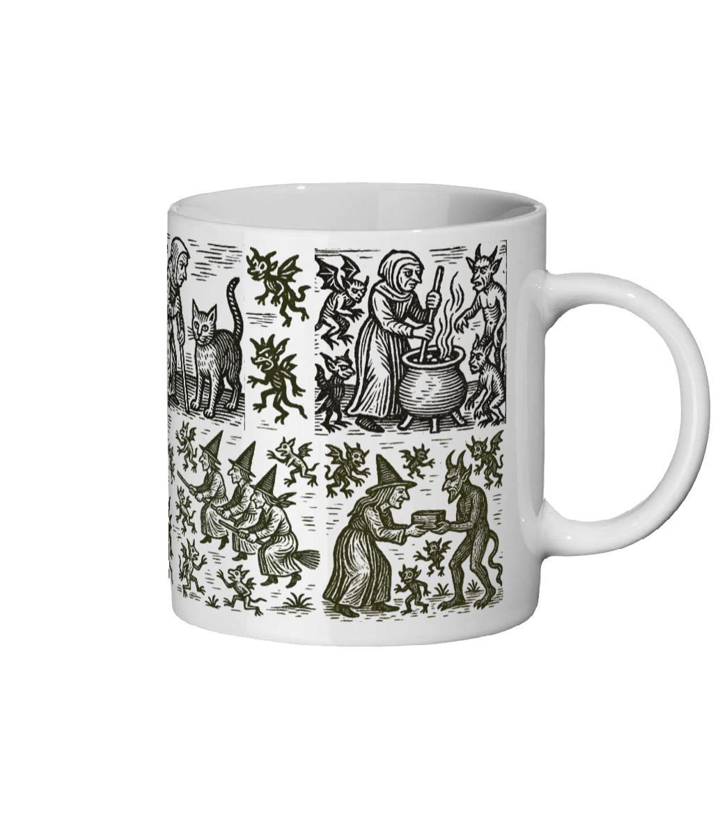 Witchcraft Woodcut Ceramic Mug – 11oz Witchy Coffee Cup, Pagan Gift With Historical Demon Artwork