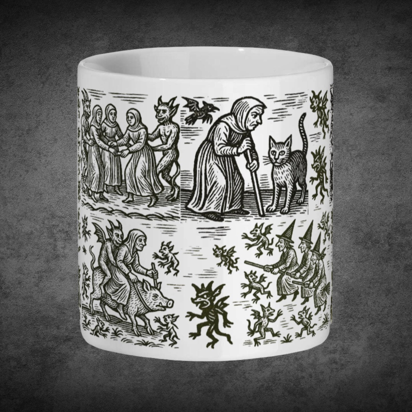 Pagan witch and demon woodcut style tea mug