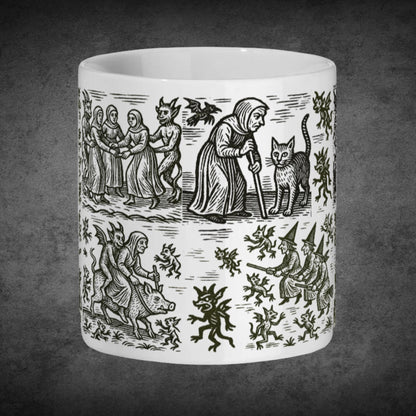 Pagan witch and demon woodcut style tea mug