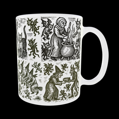 Ceramic mug with historical witchcraft woodcut design