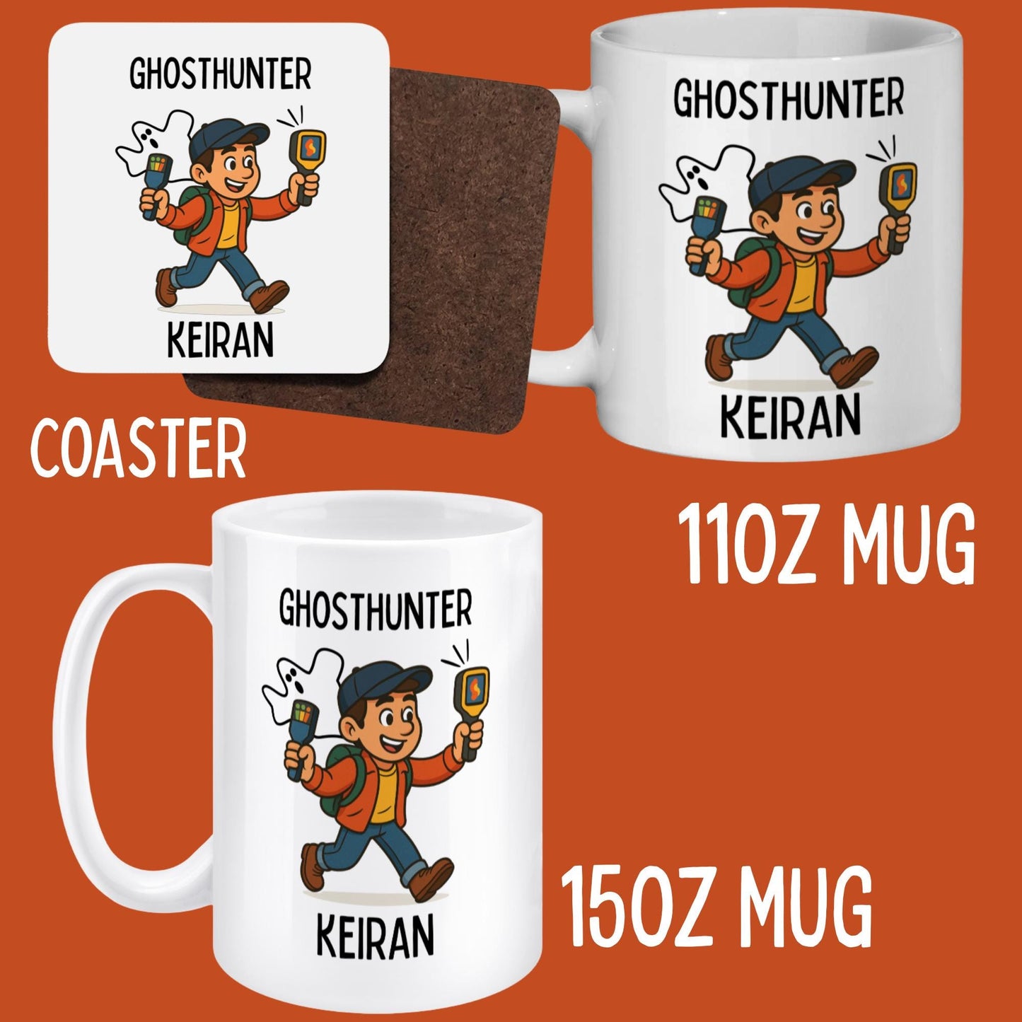 White ceramic mug featuring a cartoon paranormal investigator with ghost