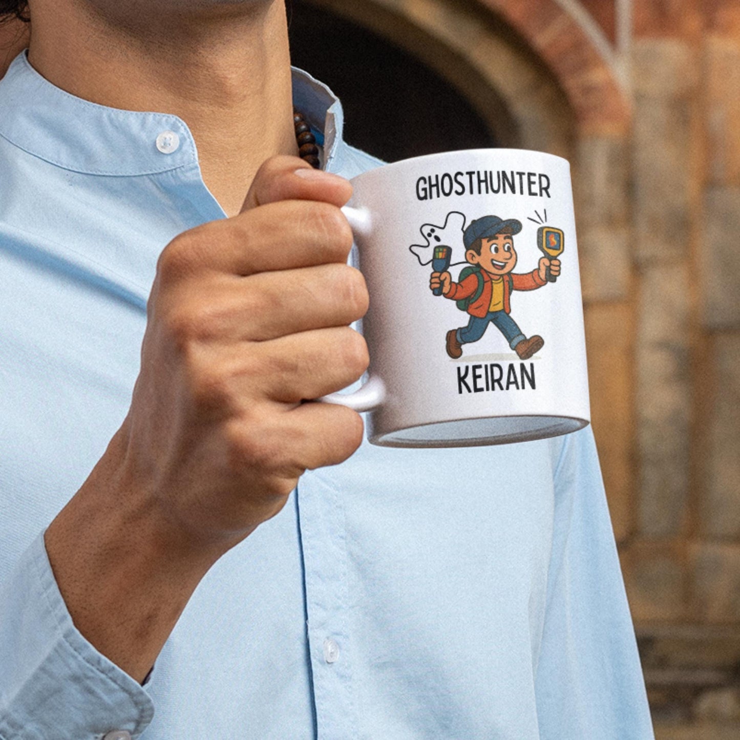 Personalised ghost chaser mug with EMF detector illustration