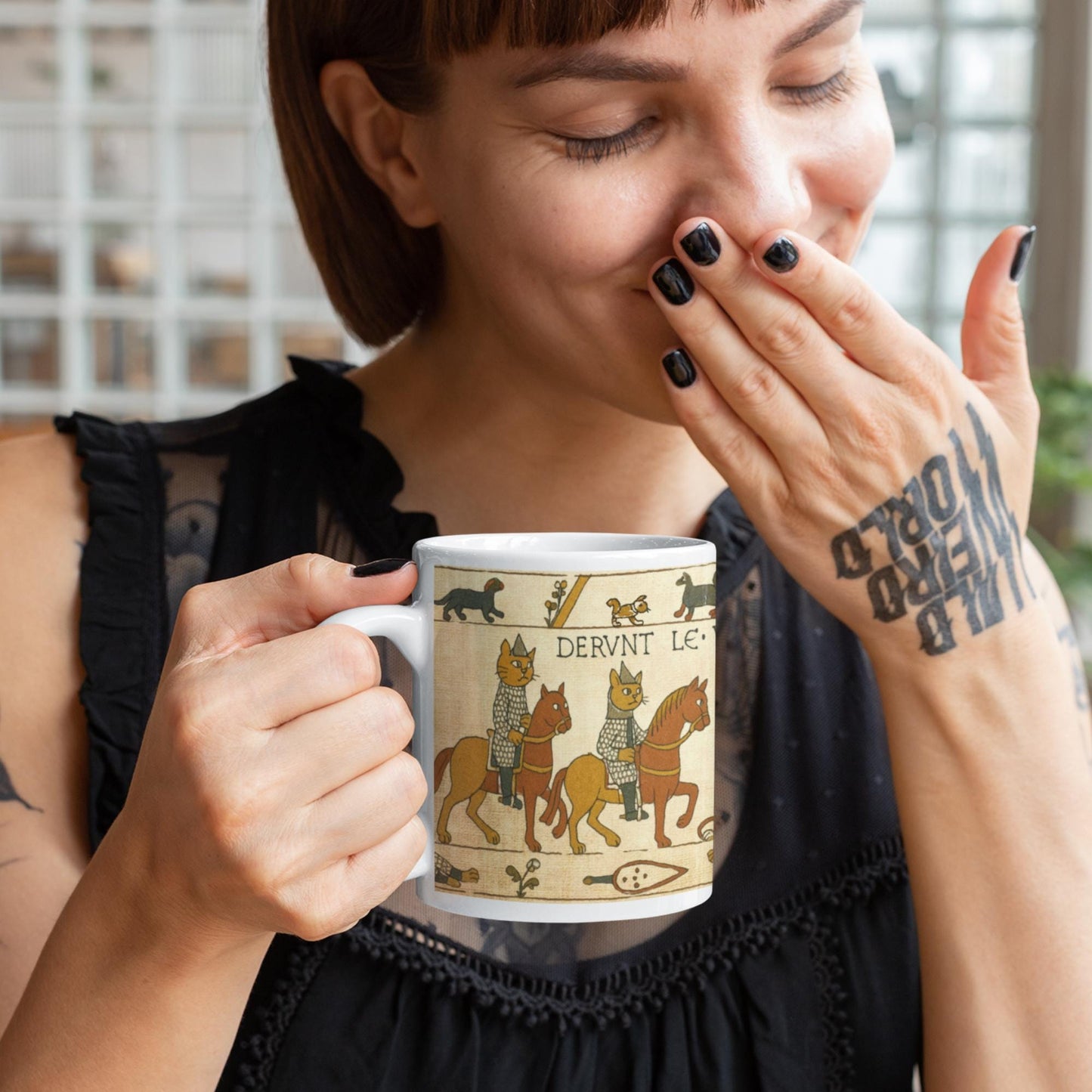 Norman conquest 1066 inspired cat warriors design on ceramic coffee mug for medieval fans