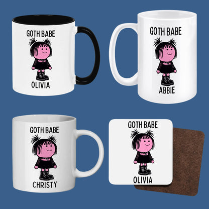 Personalised Goth Babe Mug or Coaster, Add Name, Cute Gothic Gift for Her, Goth Girlfriend, Goth Gifts