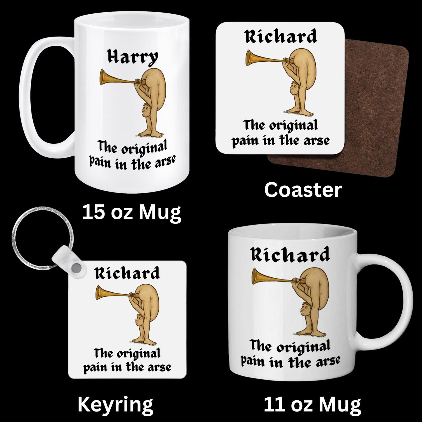 Personalised Medieval Butt Trumpet Mug, Coaster & Keyring 