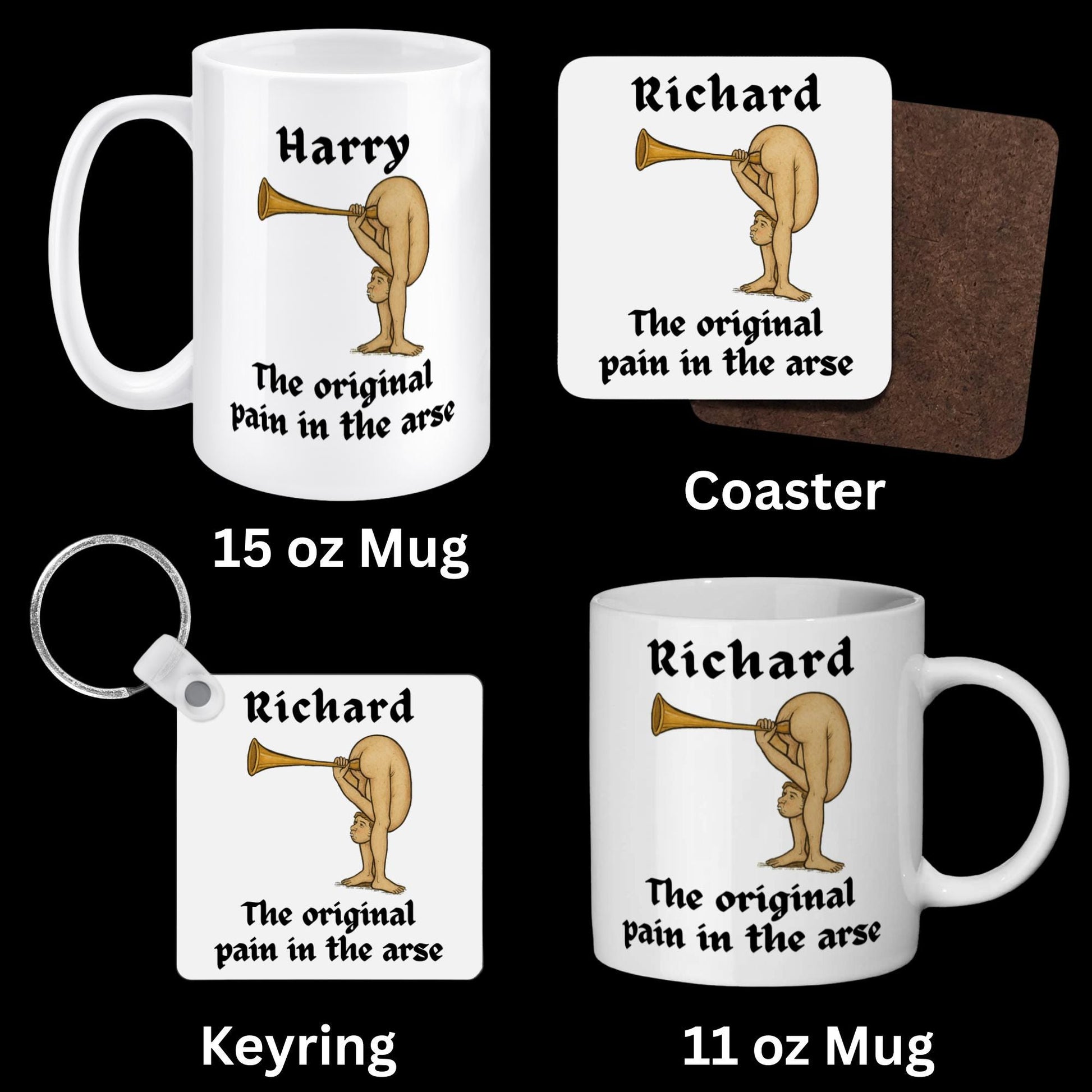 Personalised Medieval Butt Trumpet Mug, Coaster & Keyring 