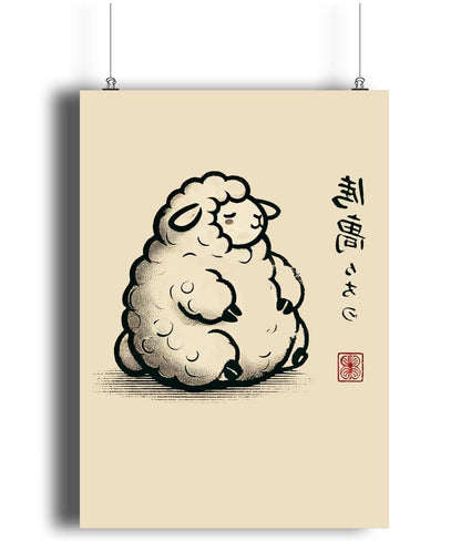 Ukiyo-e sheep art print in Japanese style for animal lovers