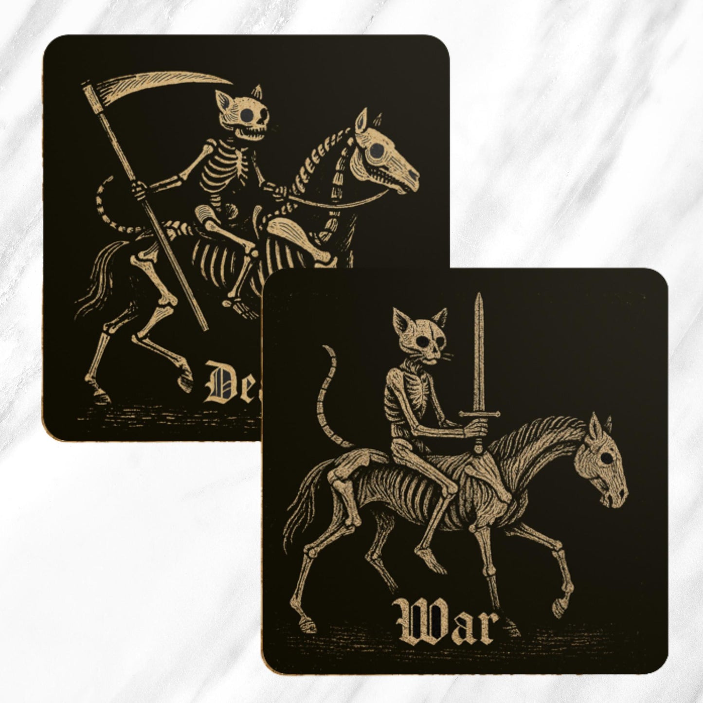 Medieval Cat Coasters Set – Four Horsemen of the Apocalypse, Dark Academia Gothic Drinks Gift