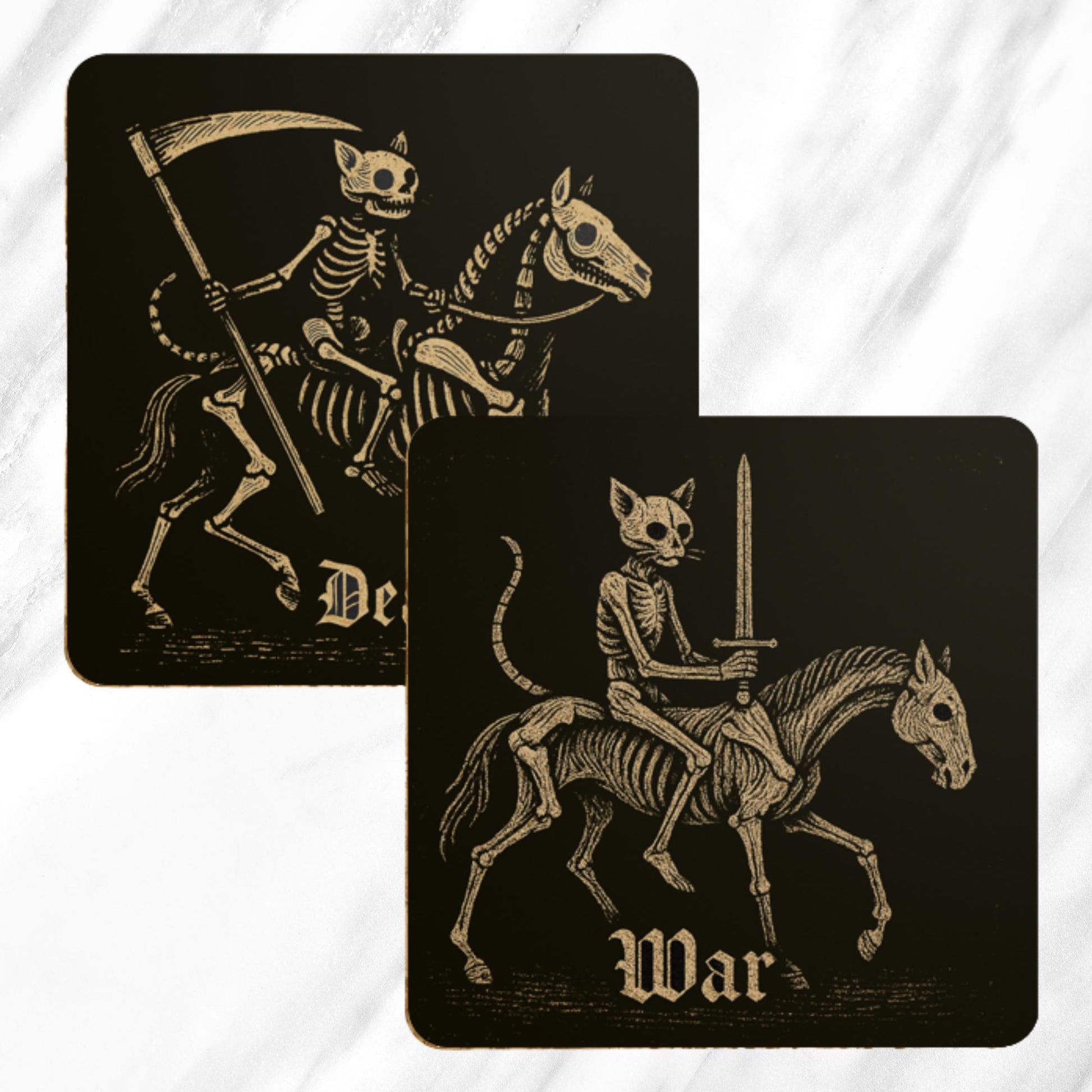 Medieval Cat Coasters Set – Four Horsemen of the Apocalypse, Dark Academia Gothic Drinks Gift