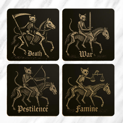 Medieval Cat Coasters Set – Four Horsemen of the Apocalypse, Dark Academia Gothic Drinks Gift