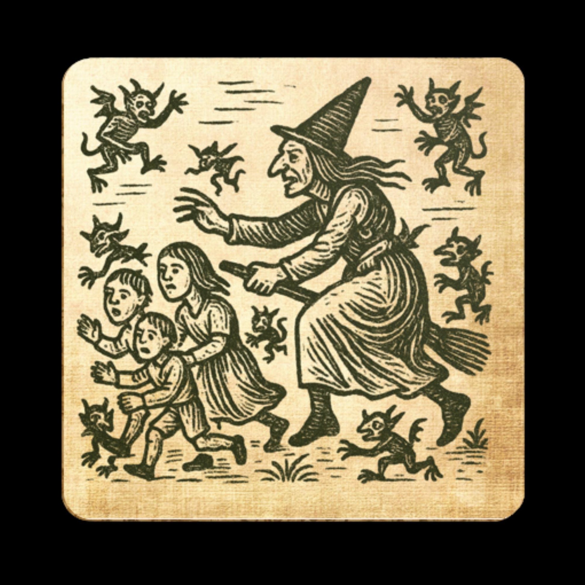 Gothic witch riding broom artwork on coaster