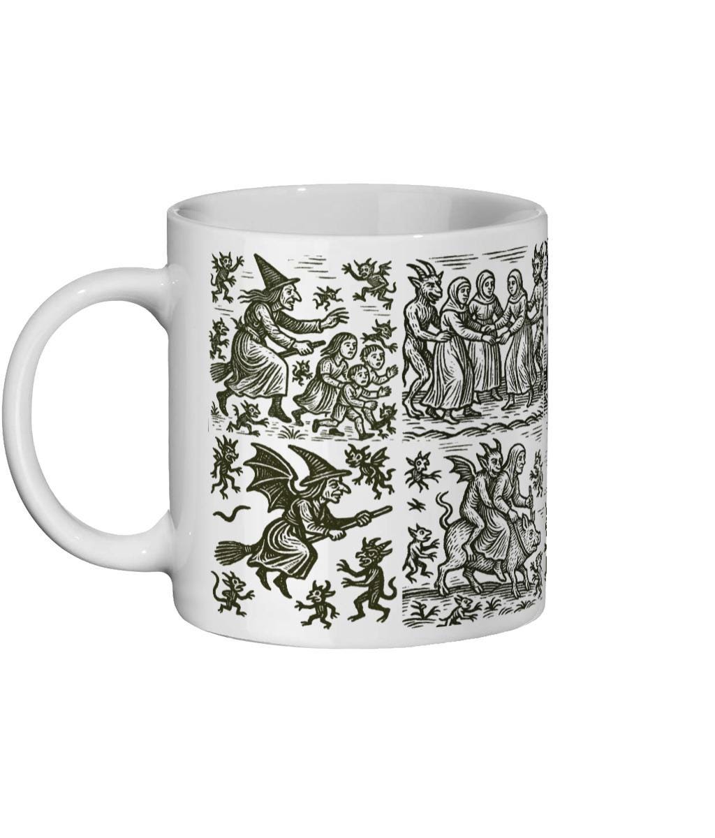 Witchcraft Woodcut Ceramic Mug – 11oz Witchy Coffee Cup, Pagan Gift With Historical Demon Artwork